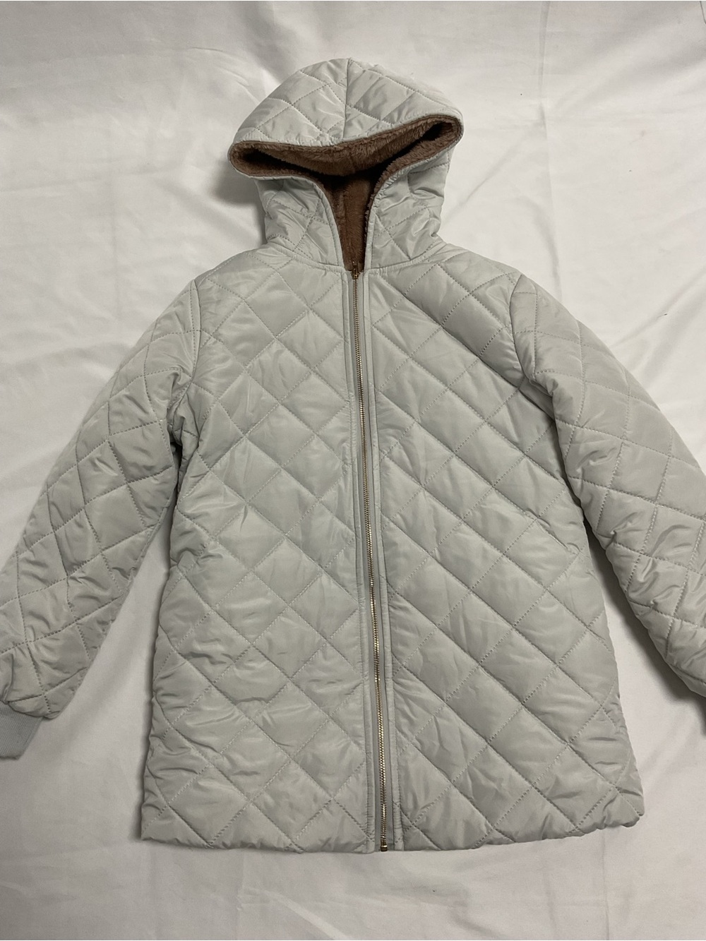 SHEIN Light Gray Quilted Hooded Jacket with Brown Lining